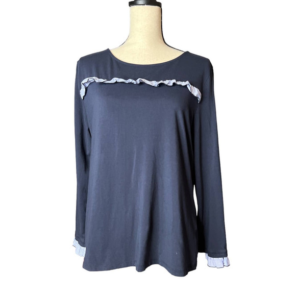 Talbots Blouse in Blue w/Blue and White Ruffles on Top and Cuffs Size XL Petite - Picture 1 of 5